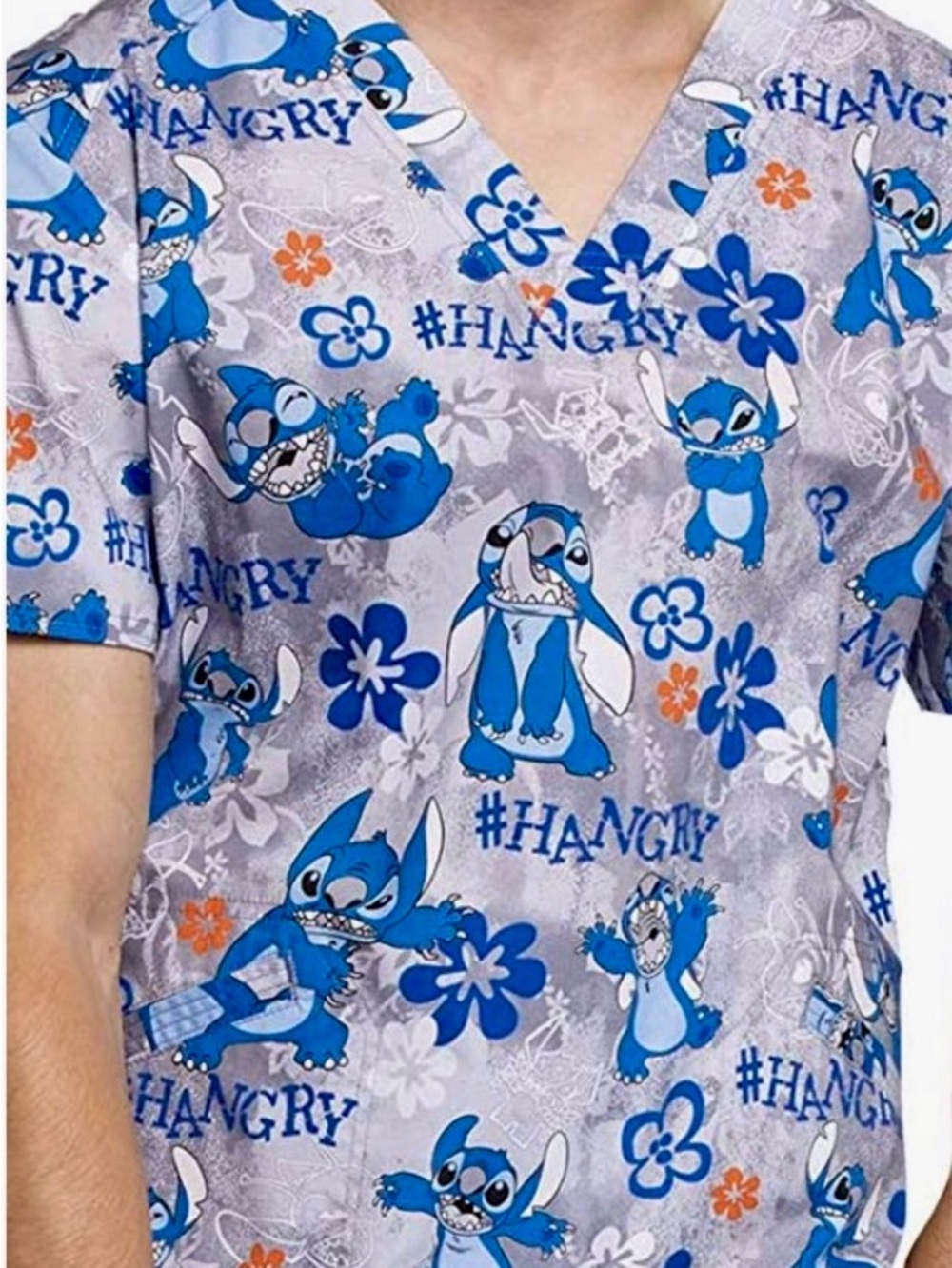 Disney Stitch #HANGRY Scrub Top Vet Tech Medical V-Neck